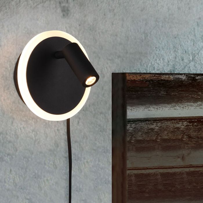 Applique da parete moderna nera, Sirias, 5W, 3000K LED, con interruttore