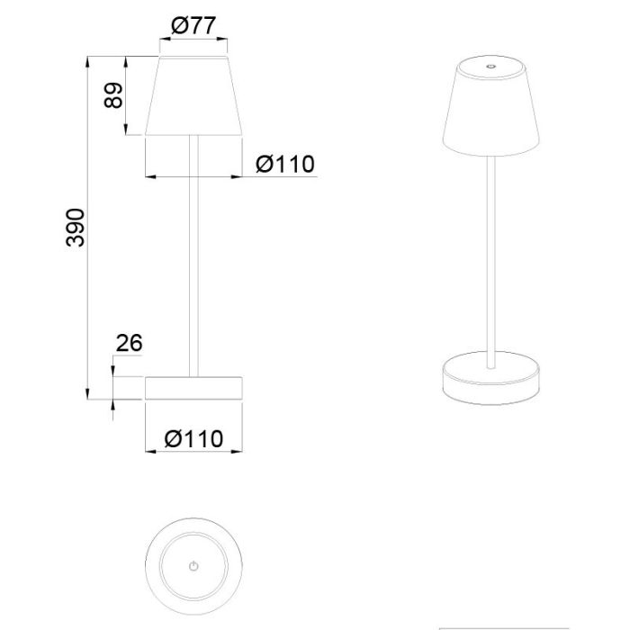 Lampada da tavolo ricaricabile nera in plastica, Suman, 2W, bianco regolabile tra caldo e freddo LED, IP44, controllo touch