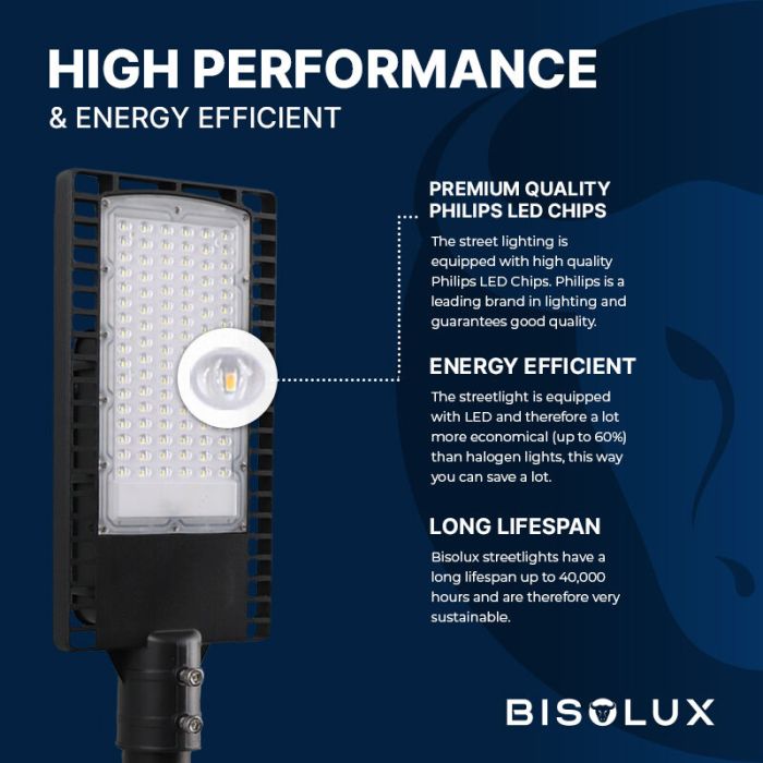 Bisolux lampione stradale LED Garry, 90W, 6000K, garanzia di 5 anni